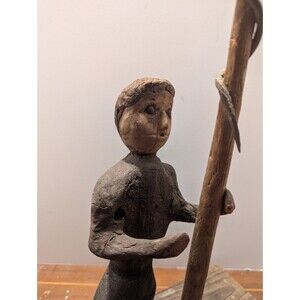 1900's Wood Carved Man With Snake On Pole Folk Art